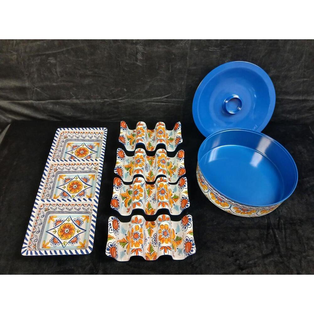 Prepara Melamine Taco Serving Set Mediterranean Bowl Tray & 4 Shell Holders